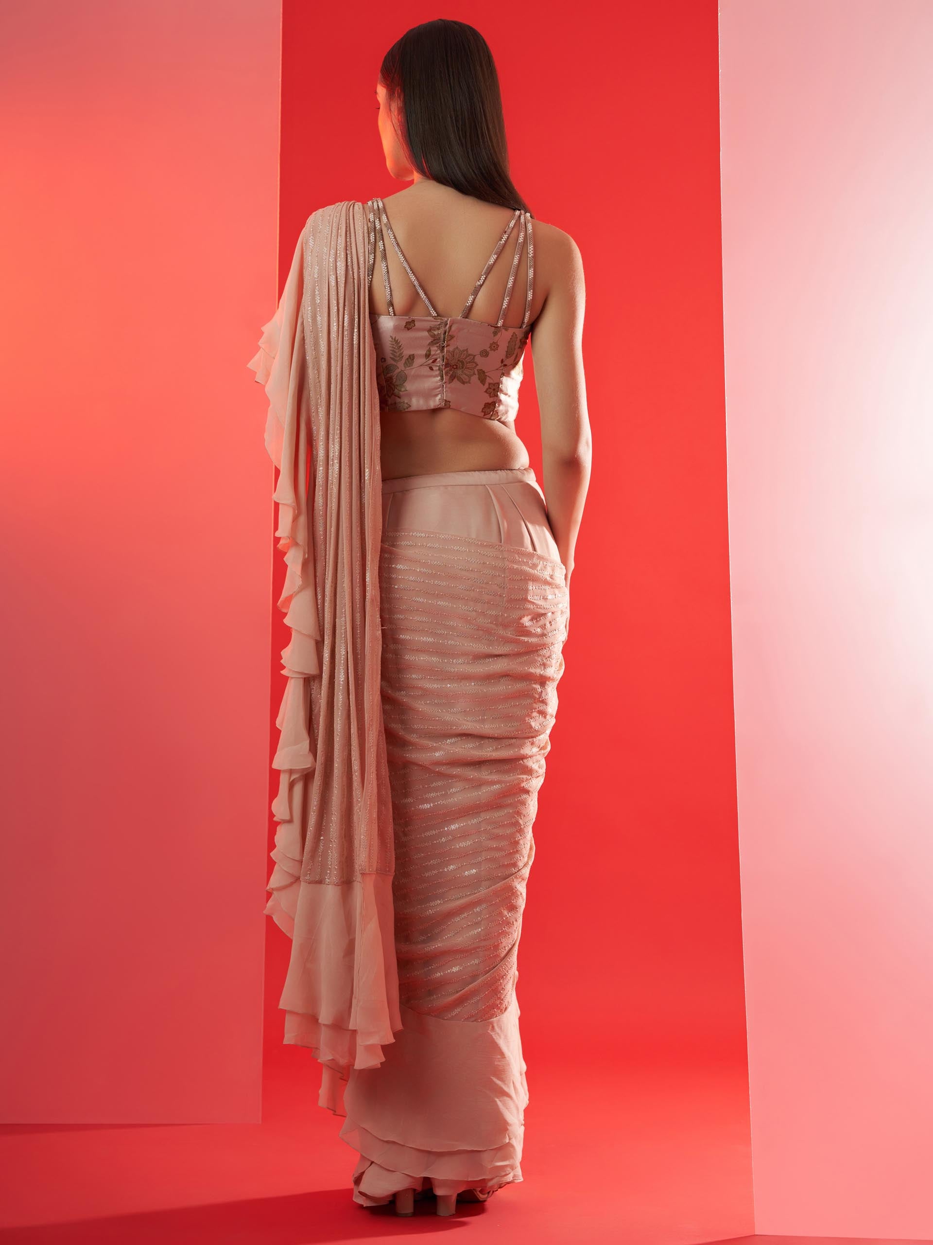 Nude Pre Draped Ruffle Saree Set image 3