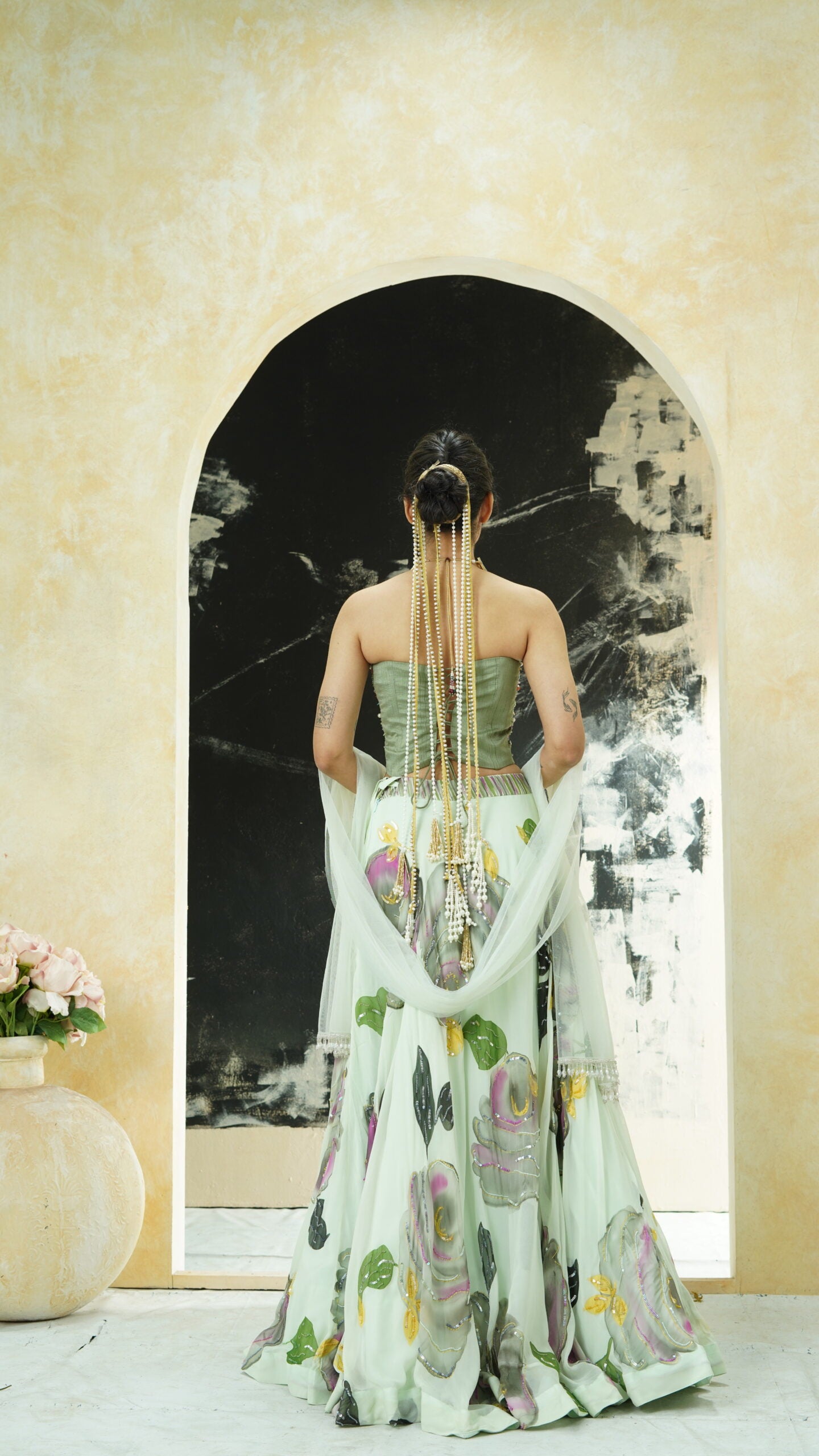 Mint Green hand painted lehenga and Green corset set image 2