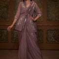 Chocolate Brown Jacket Pre Draped Saree Set image 0