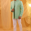 Mint Green Embroidered Open Jacket Kurta Set image 0