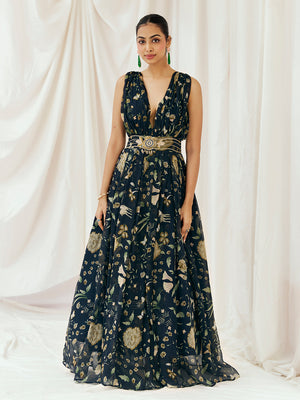 Navy Blue Printed Embroidered Gown - M image