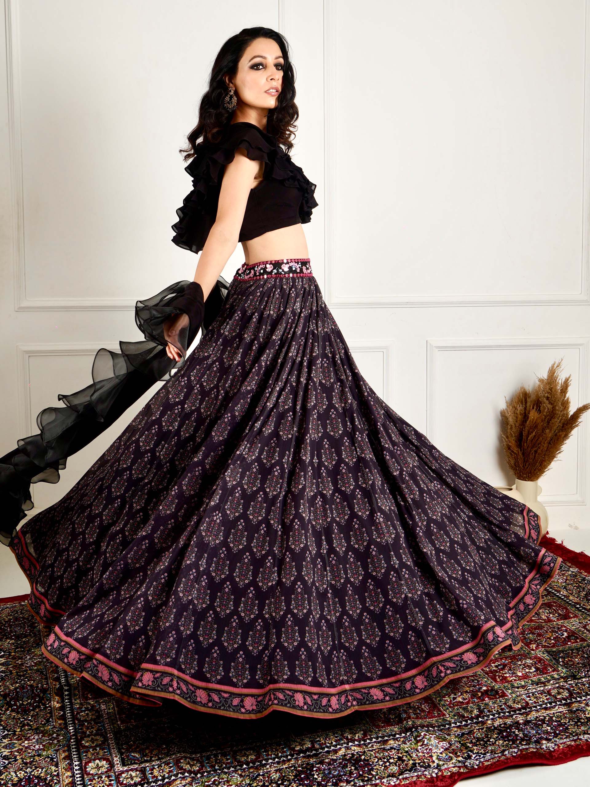 Black Imaara Printed Lehenga Set image 11