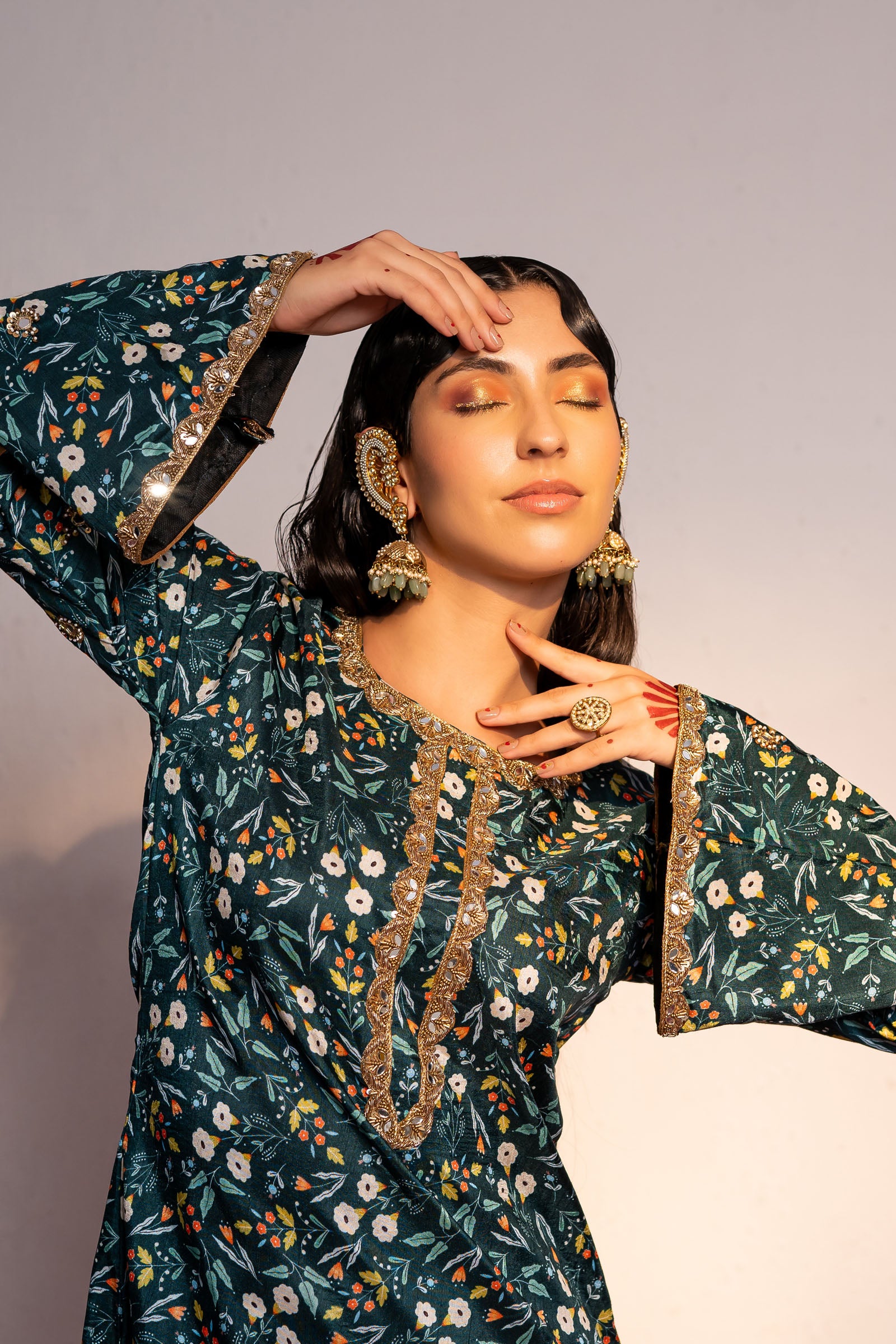 Royal Green Printed And Embroidered Kurta Set image 3