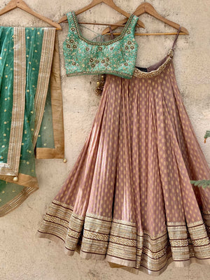 Chestnut Brown and Jade Green Zari Lehenga Set image 0
