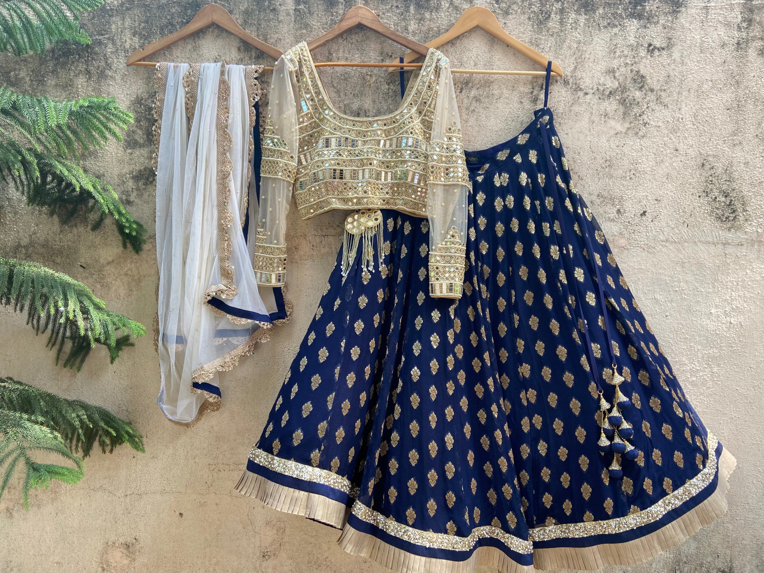 Midnight Blue and Mirror Work Lehenga Set image 1