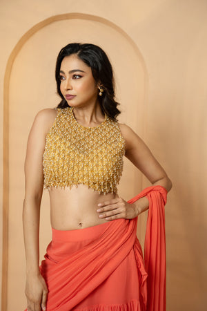 Peach Ruffle Embellished Saree image 2