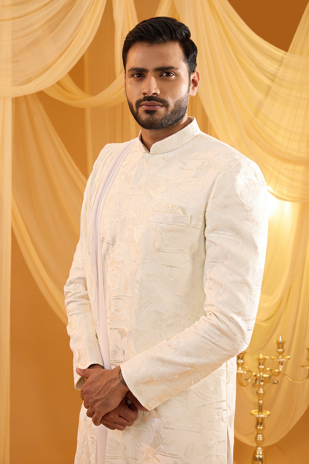 White Floral Embroidered Sherwani Set image 2