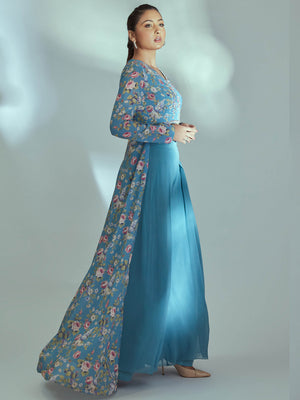 Sky Blue Floral Flared Pant Set image 3