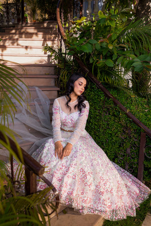 Off-White Net Embroidered Lehenga Set image 3