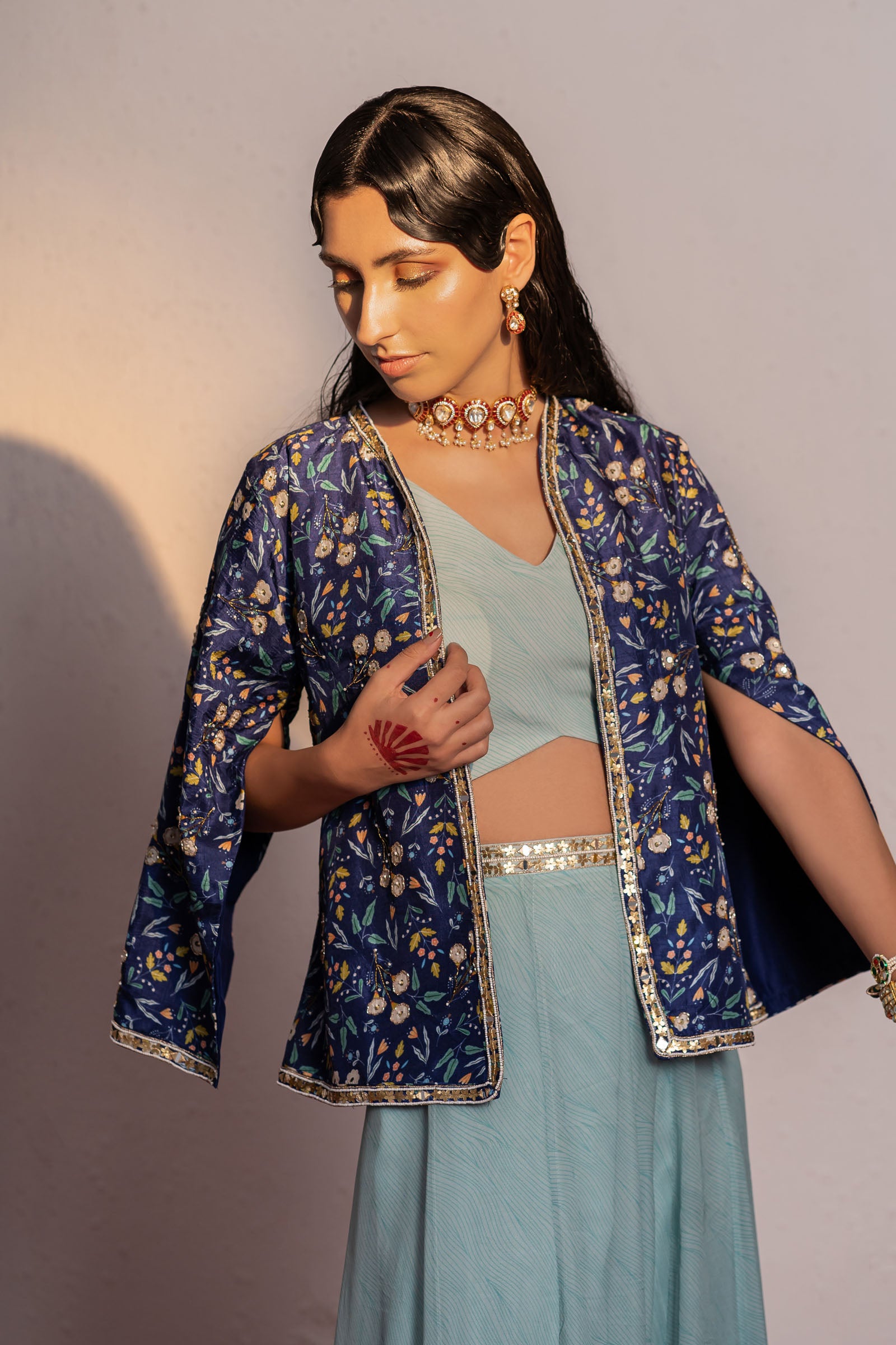 Royal Blue Printed And Embroidered Jacket & Palazzo Pant Set image 3