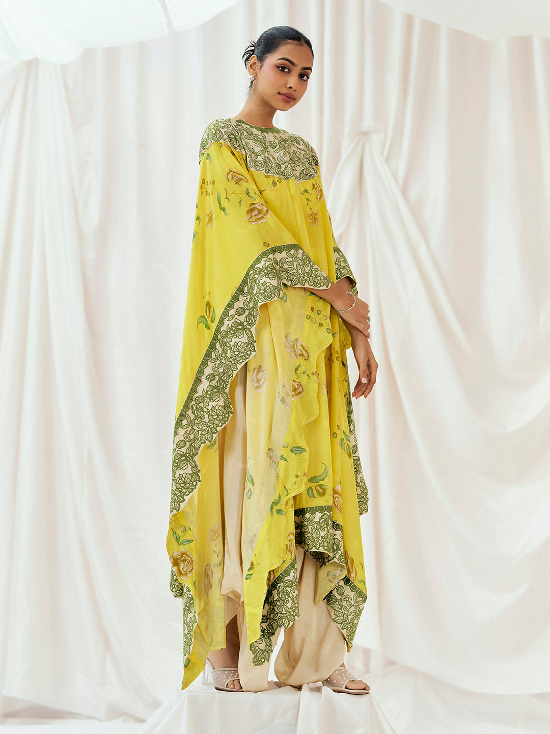 Bright Yellow Printed Embroidered Kaftan Set - M image