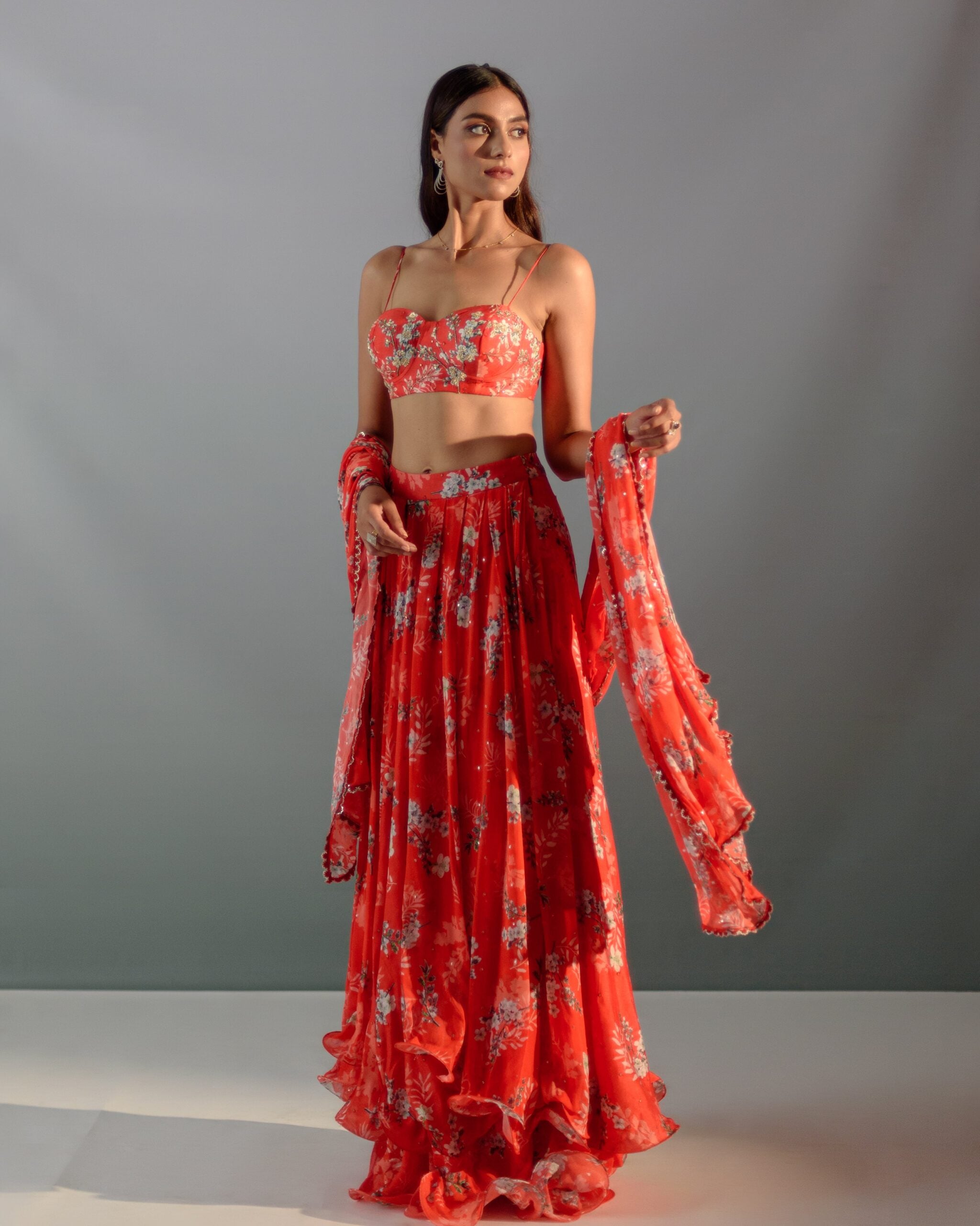 Scarlet Red Floral Lehenga Set image 0