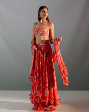 Scarlet Red Floral Lehenga Set image 0