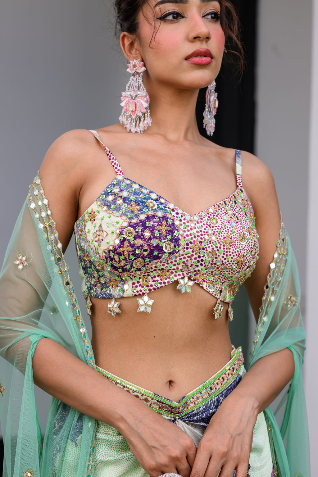 Eden Highlight Bralette With Mirror Work Paidawn With Dhoti Skirt And Cape image 5