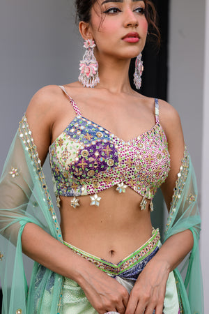 Eden Highlight Bralette With Mirror Work Paidawn With Dhoti Skirt And Cape image 5