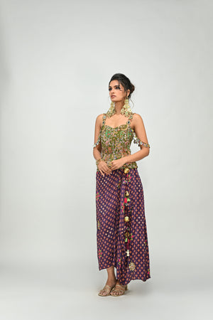 Olive Badla Embroidered Corset Paired With Embroidered Plum Dhoti Set - L image