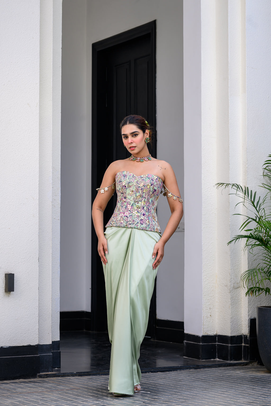 Eden Textudawn Corset With Mirror Work Paidawn With Dhoti Skirt - XL image