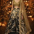 Antique Gold sequins blouse with black gold woven skirt and dupatta image 0