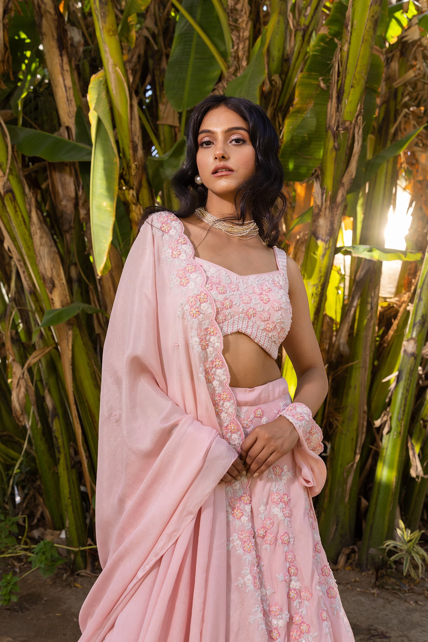 Pink Floral Georgette Embroidered Blouse Lehenga Set image 4