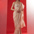Nude Pre Draped Floral Ruffle Saree Set image 0