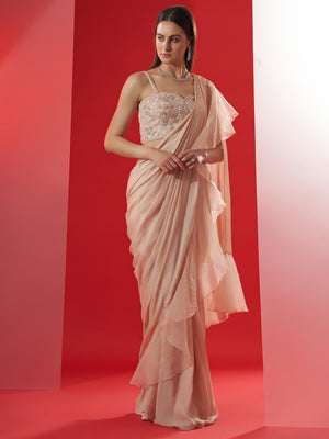 Nude Pre Draped Floral Ruffle Saree Set image 0
