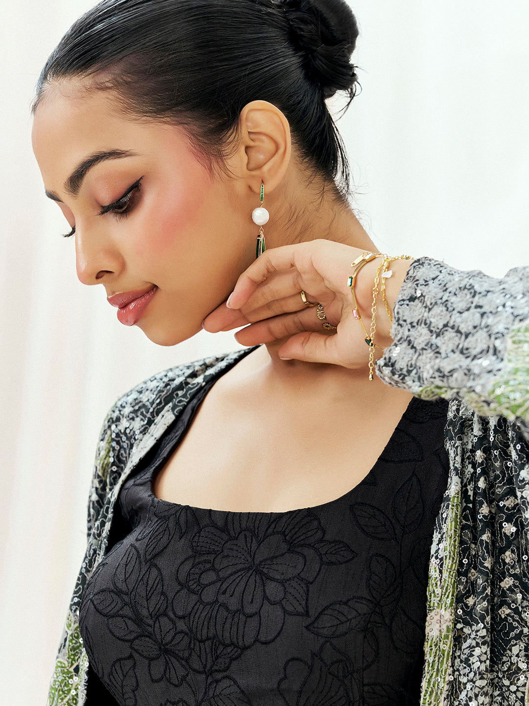 Black Printed Embroidered Long Jacket Sharara Set image 5
