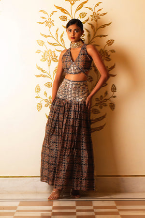 Ajrakh Print Tie-at-Waist Blouse and Skirt Set image 0