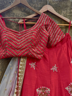 Red Chevron Zardozi Work Lehenga image 1