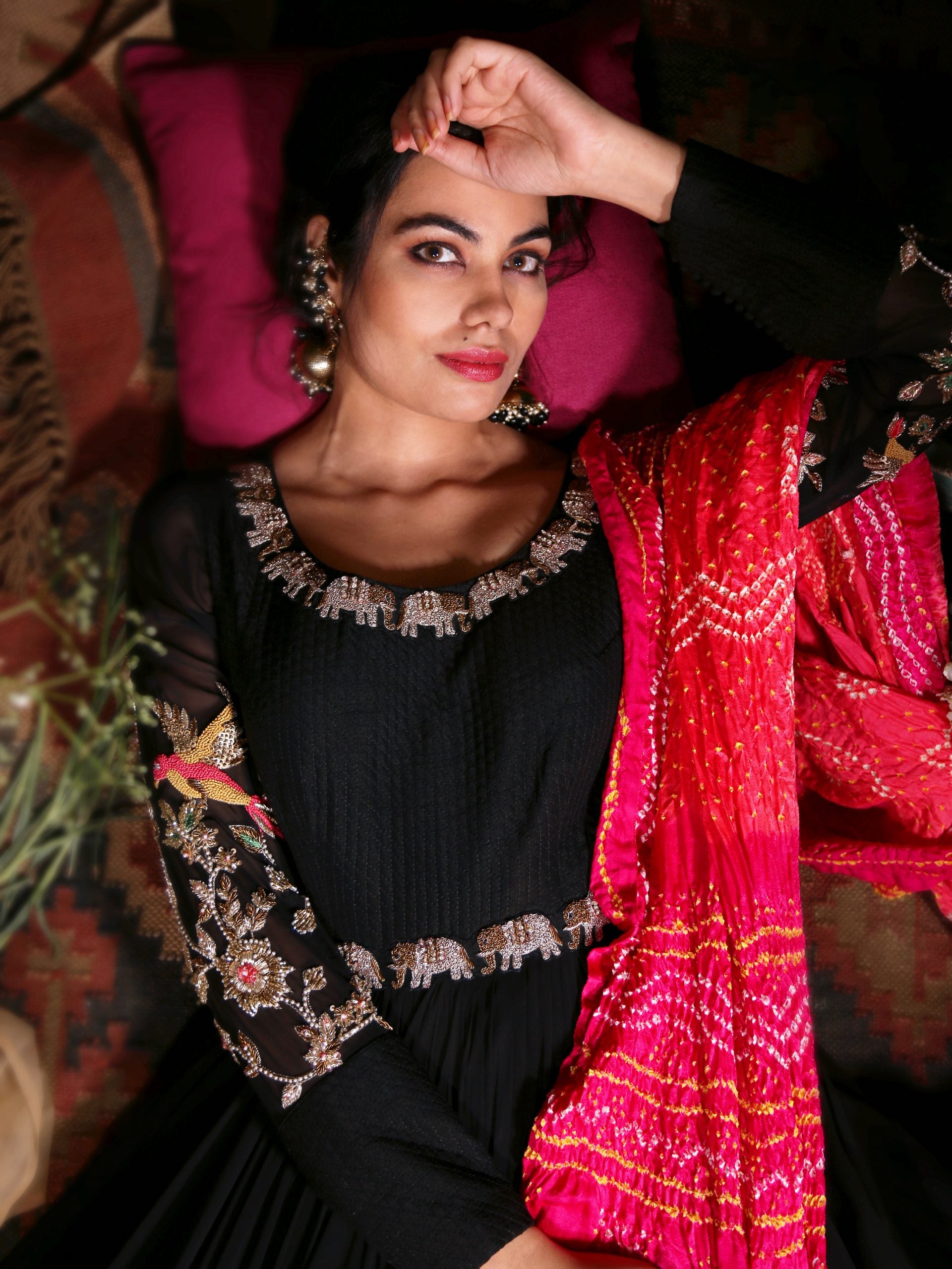 Black Anarkali with Pink Bandhani Dupatta image 2