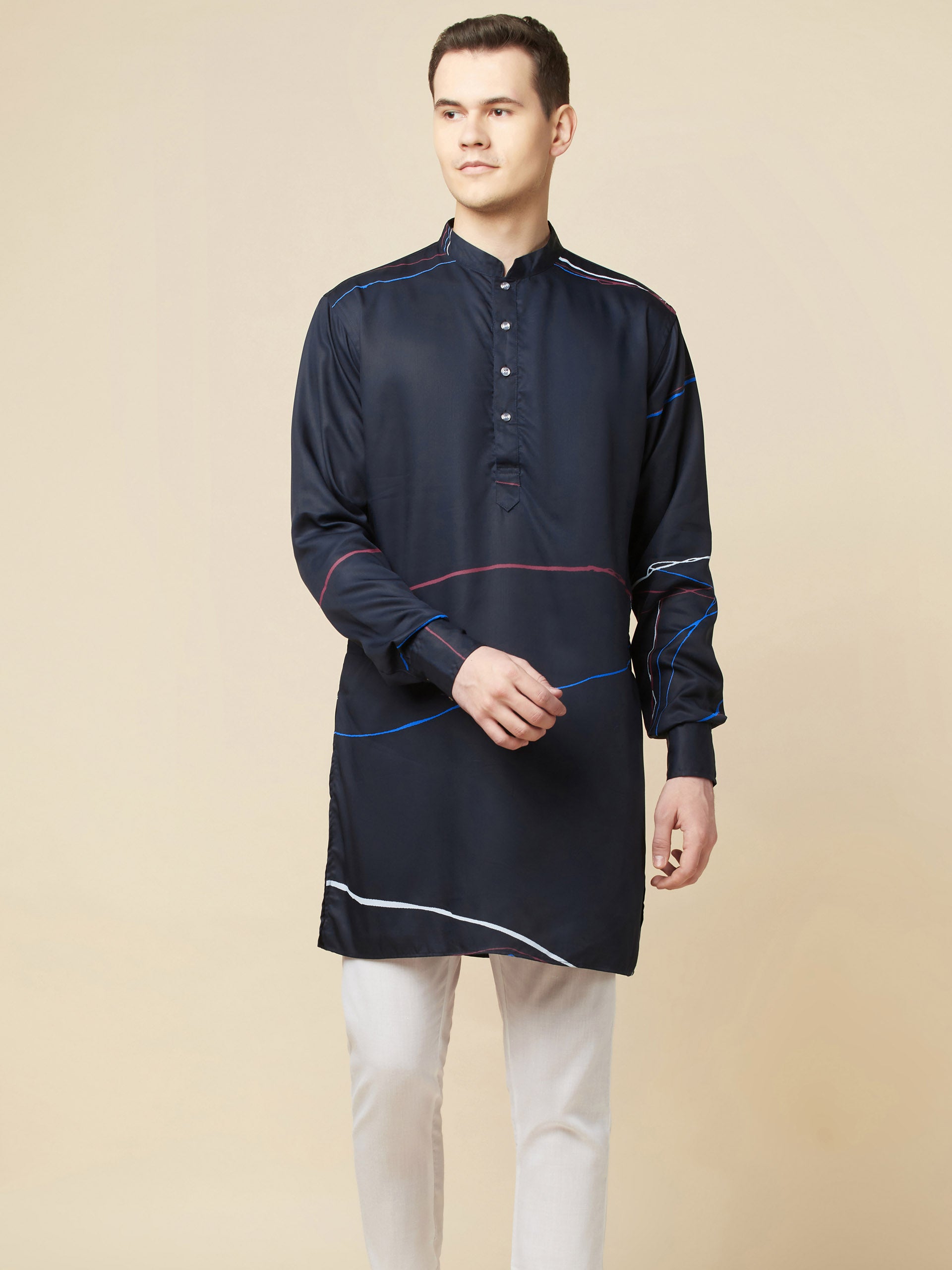 Navy Blue Printed Kurta image 2