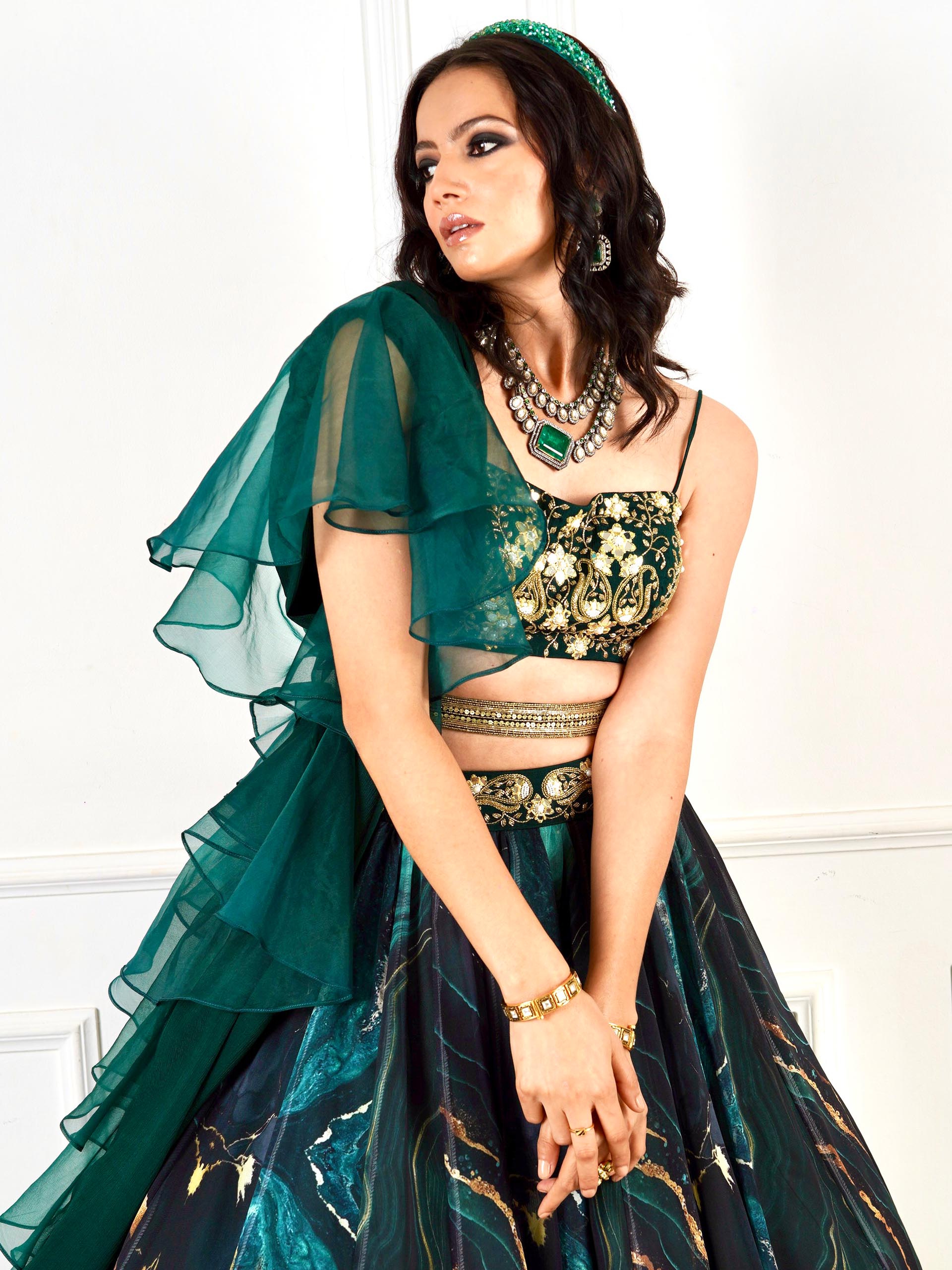 Green Meesha Marble Lehenga Set image 10