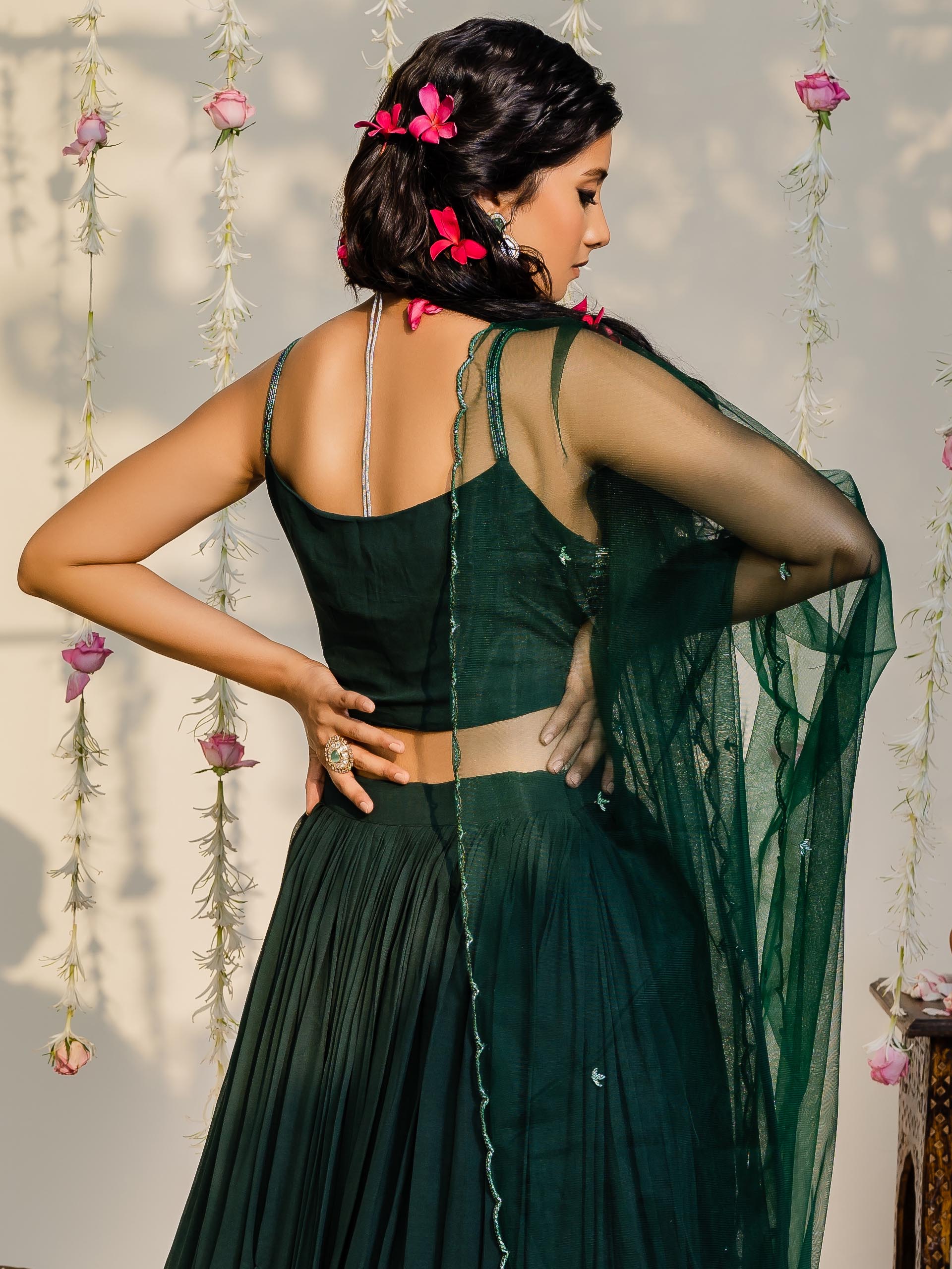 Bottle Green High-Low Lehenga Set image 6