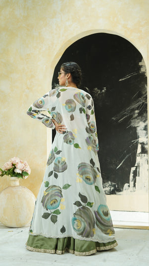 Sage Green lehenga set with hand painted jacket image 2