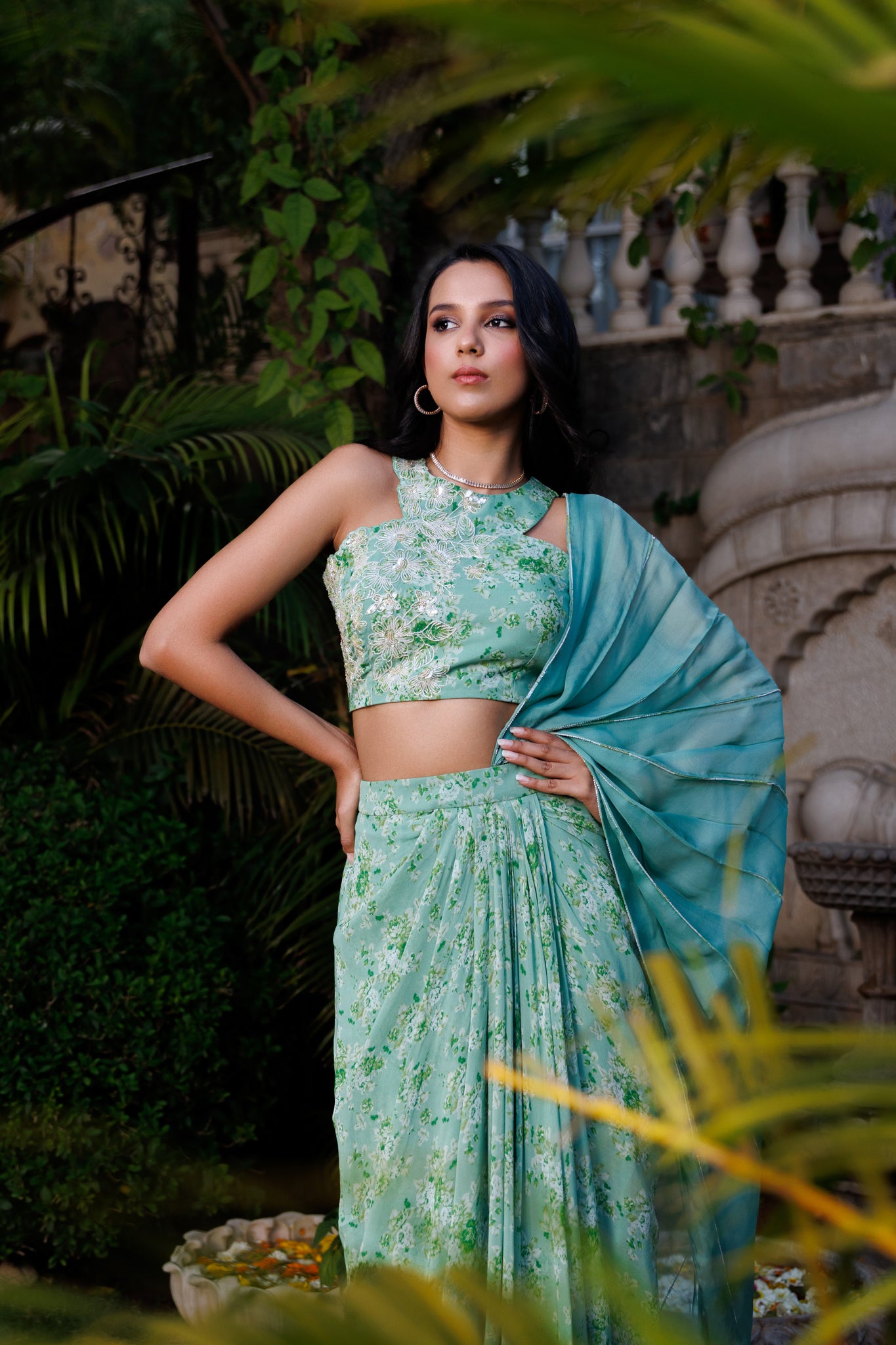 Green Organza Embroidered Draped Skirt Saree Set image 2