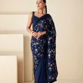 Dark Teal Georgette Crepe Sequin Work Saree image 0