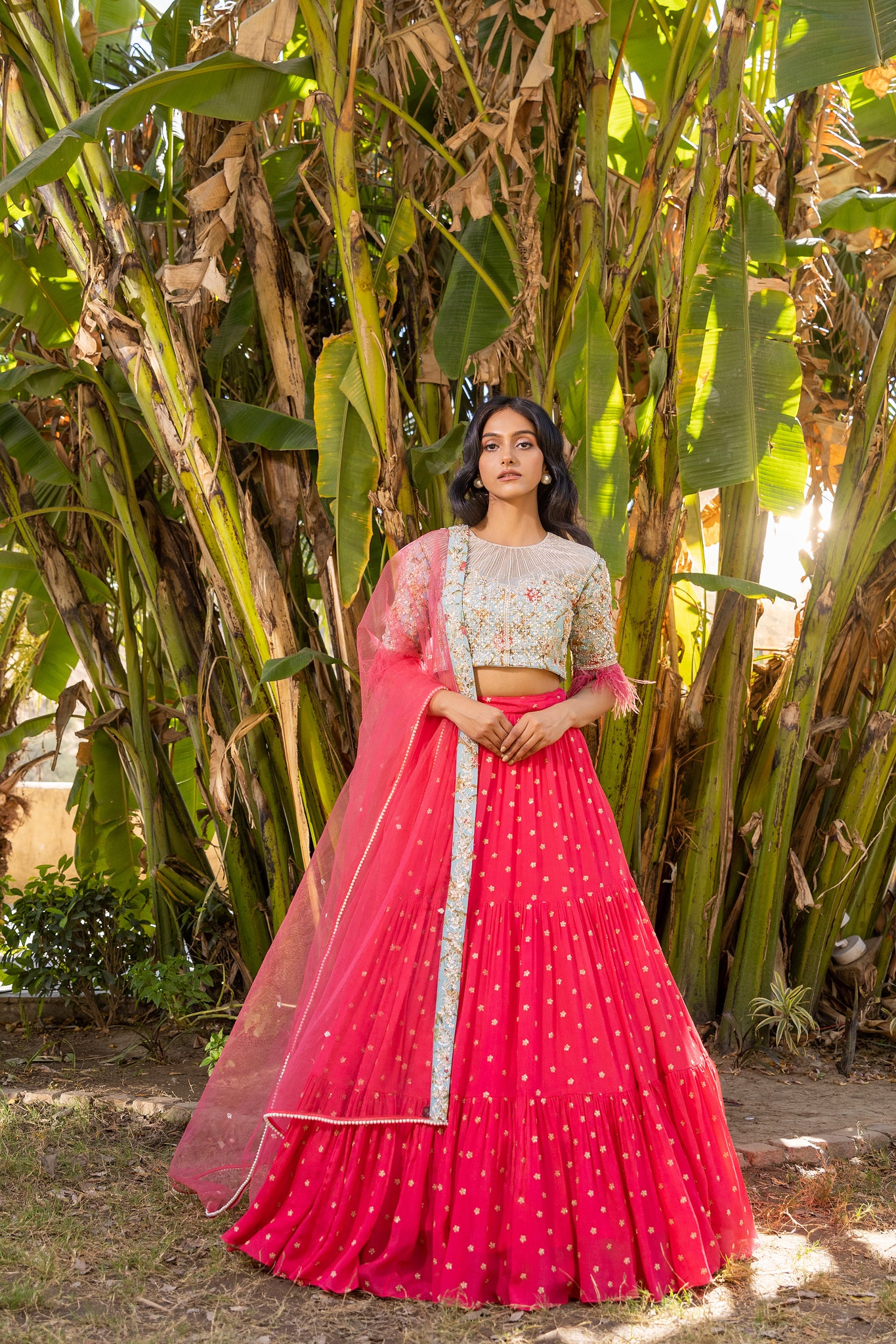 Coral Flair Sleeve Georgette &amp; Net Embroidered Lehenga Set image 0