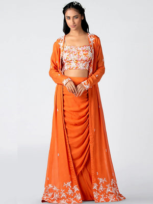 Orange Floral Embroidered Jacket Set - S image