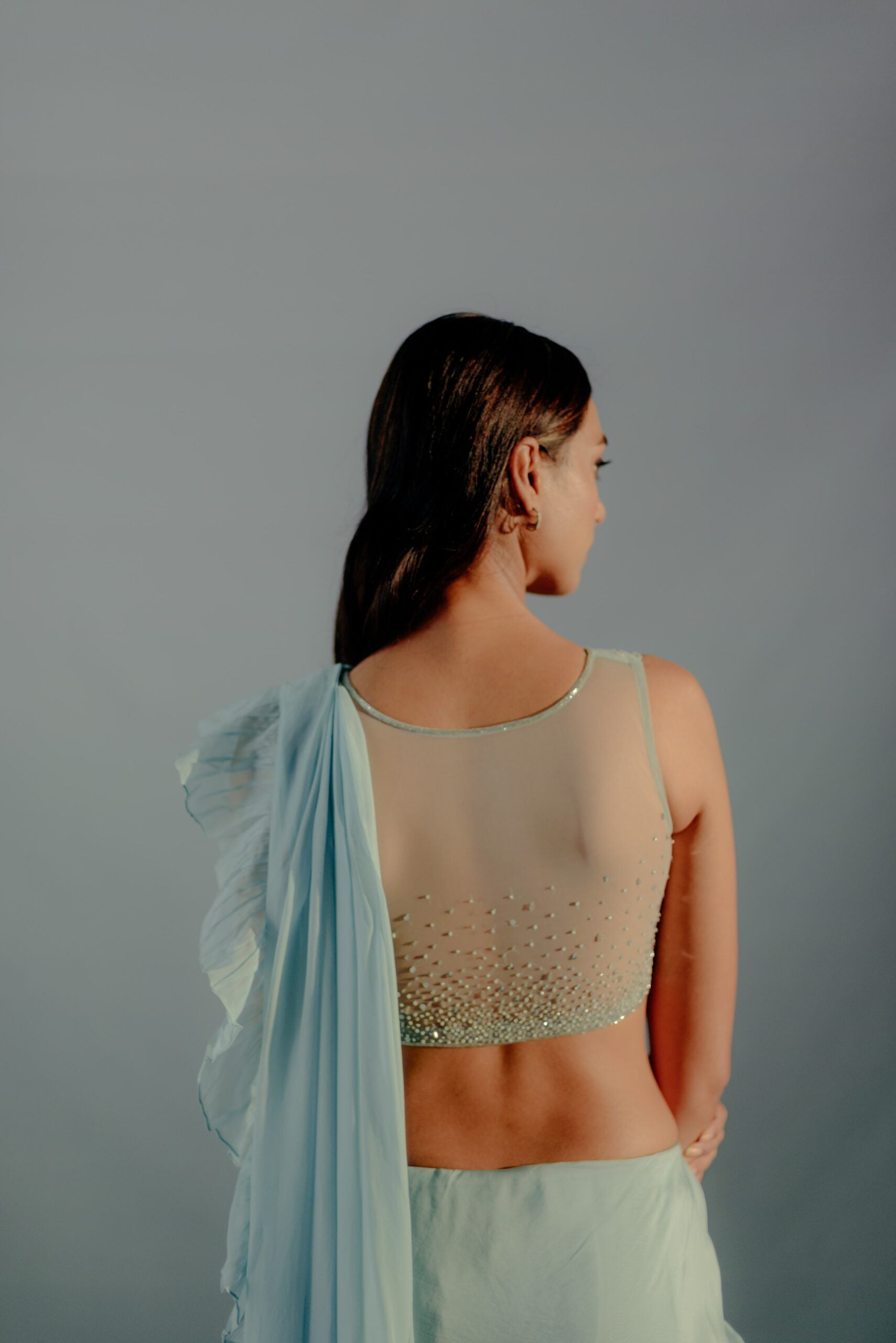 Baby Blue Feather Details Saree Set image 4