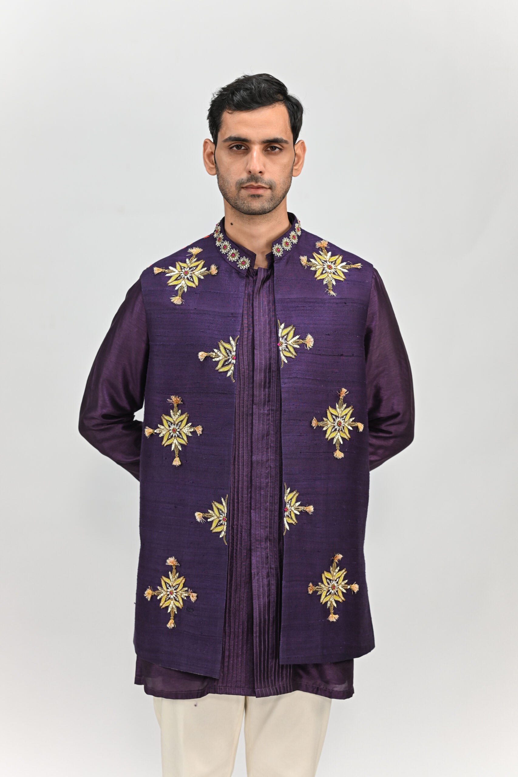 Plum Butta Half Jacket Kurta Pant Set image 2