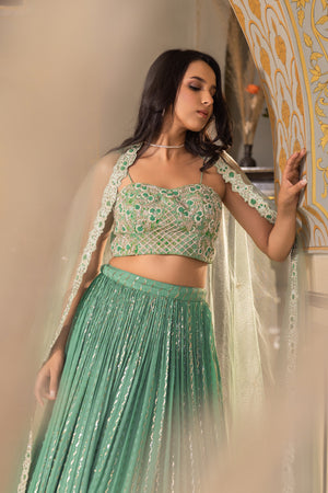Green Georgette Crepe Sequins Embroidered Lehenga Set - M image