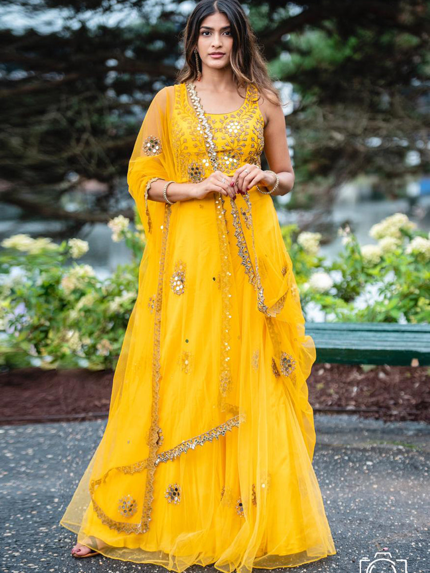 Yellow Mirror Work Lehenga - M image