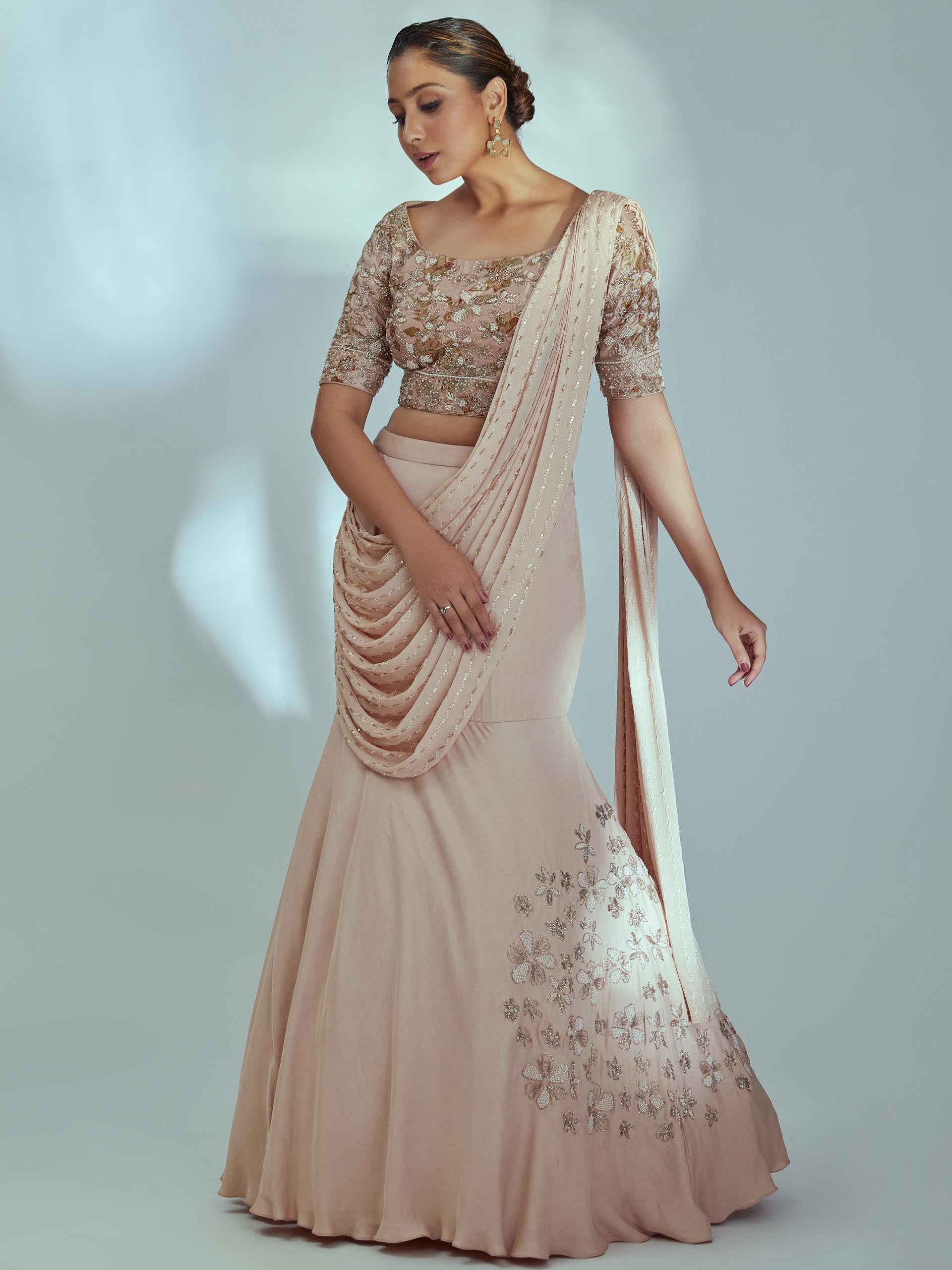Nude Embroidered Pre Draped Dupatta Set - M image