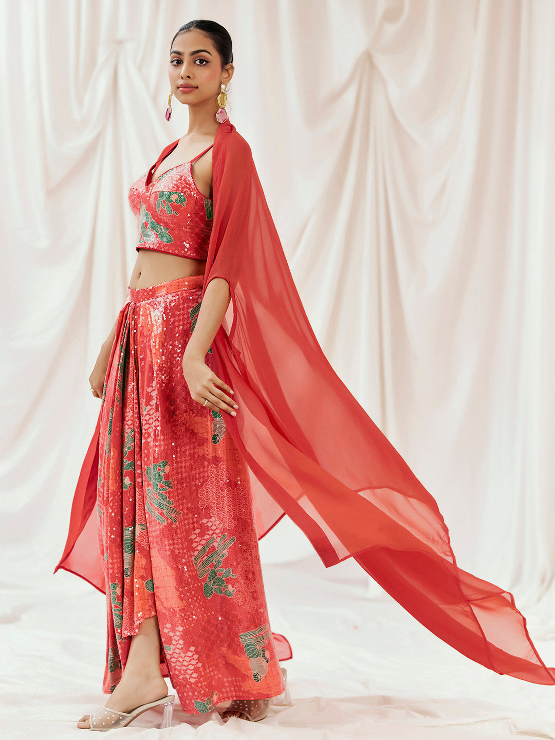 Red Printed Embroidered Drape Skirt Set with Cape image 1