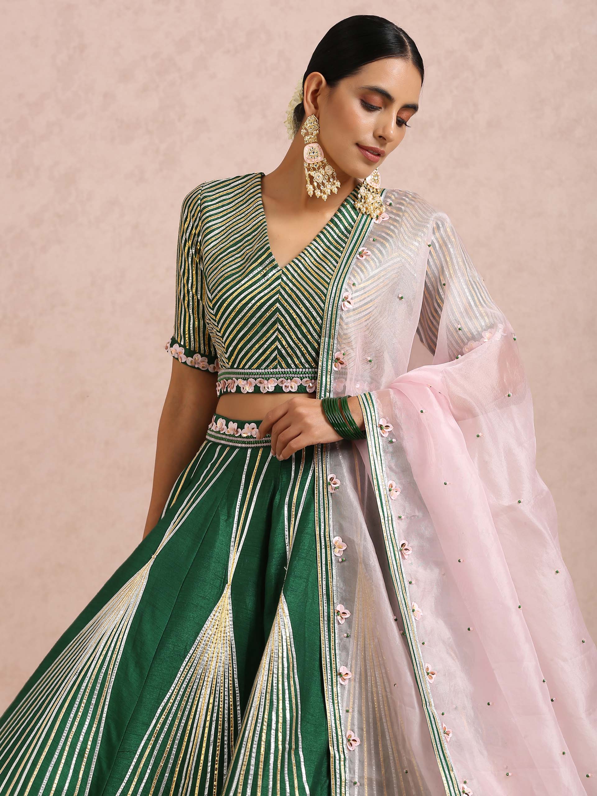 Green Embroidered Stripe Lehenga Set image 8