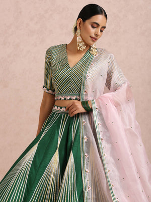 Green Embroidered Stripe Lehenga Set image 8