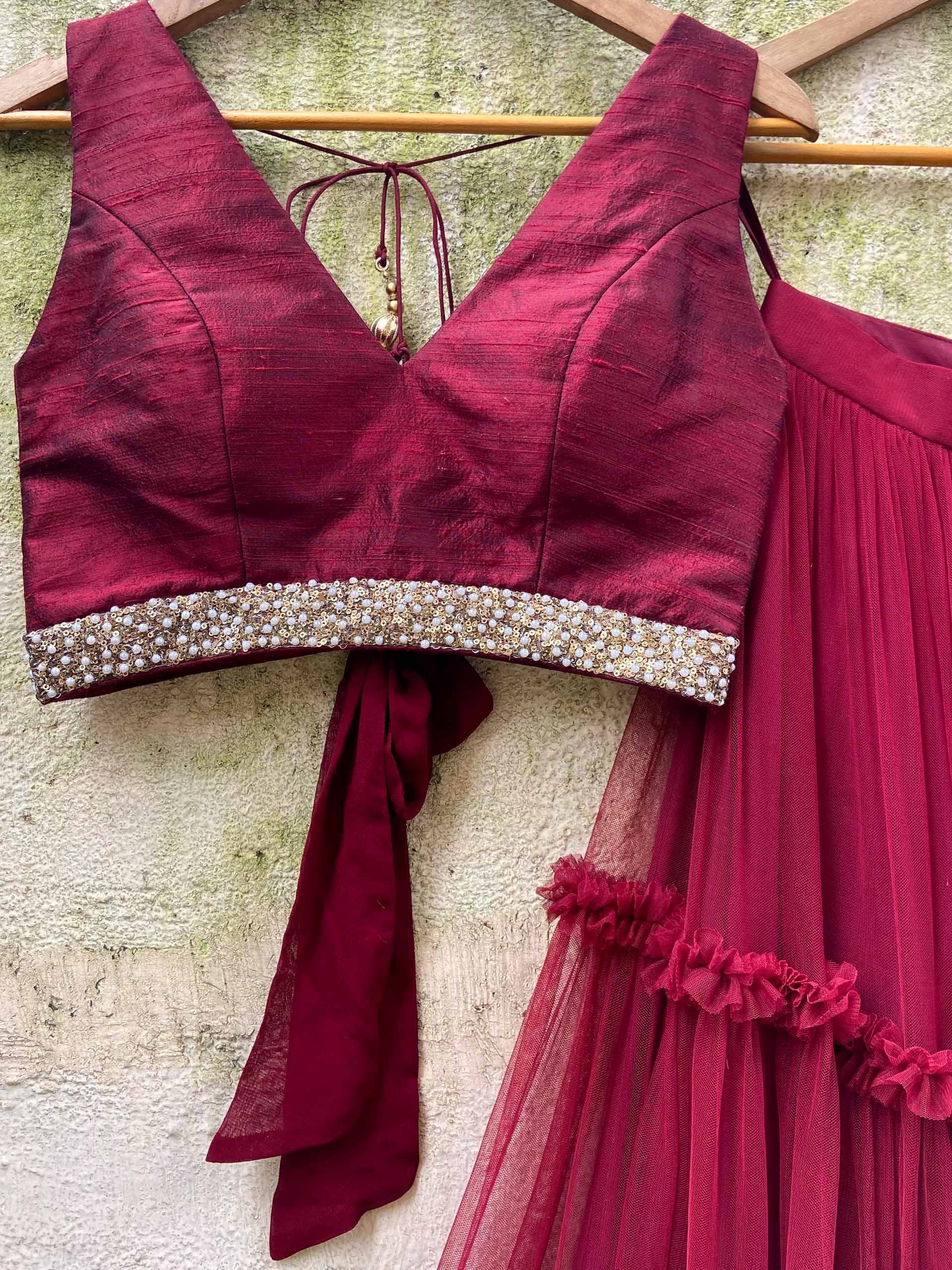 Burgundy Tier Ruffle Lehenga Set image 1