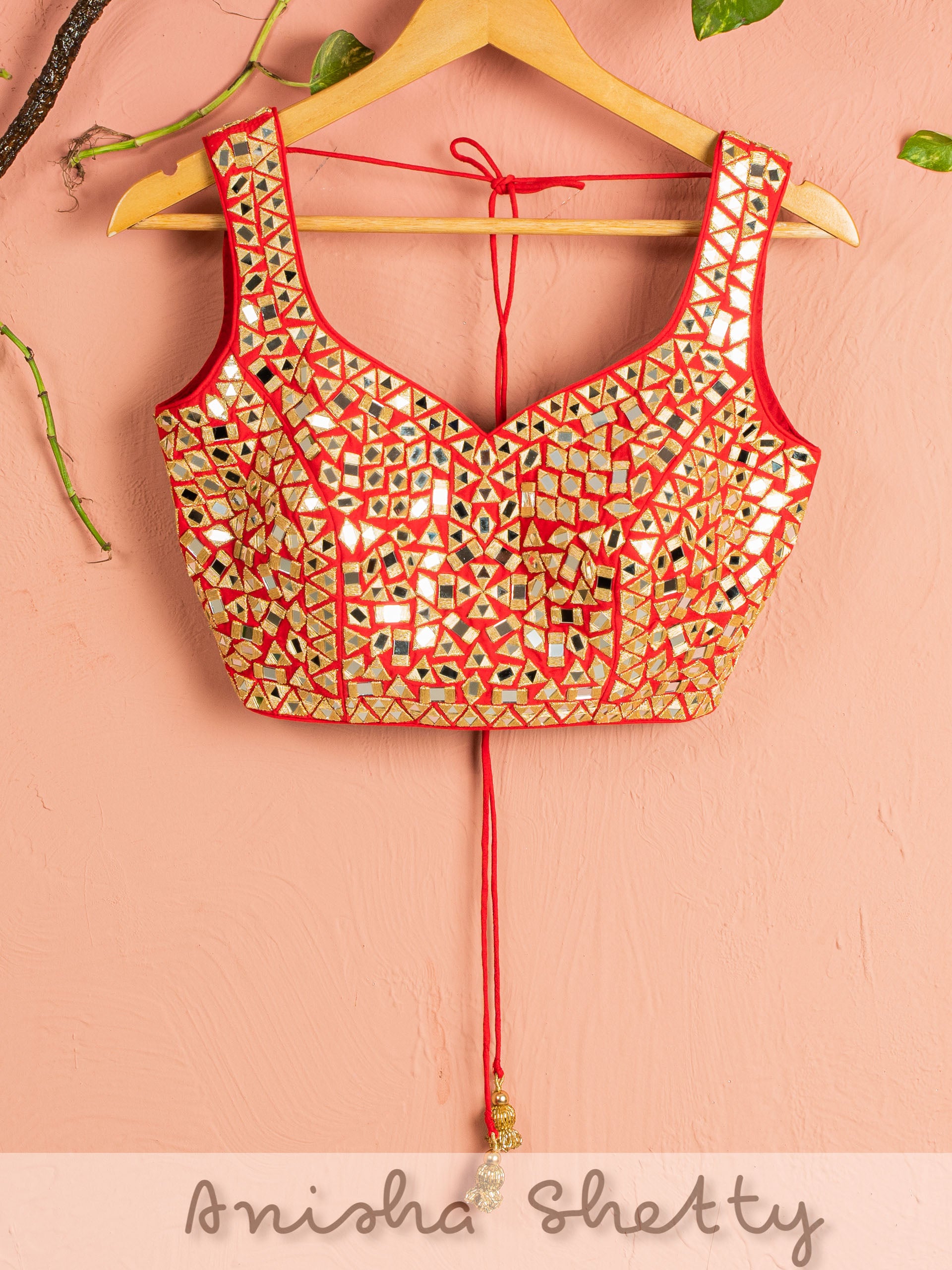 Ivory and Red Mirror Lehenga Set image 2