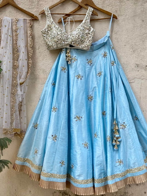 Aqua Blue and Ivory Mirror Ruffle Lehenga Set - L image