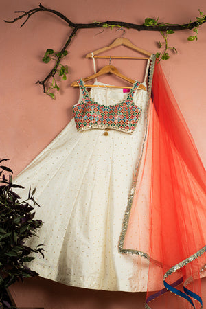 Ivory Kaleidoscope Dream Blouse with Ivory Stonework Lehenga and Red Dupatta - L image