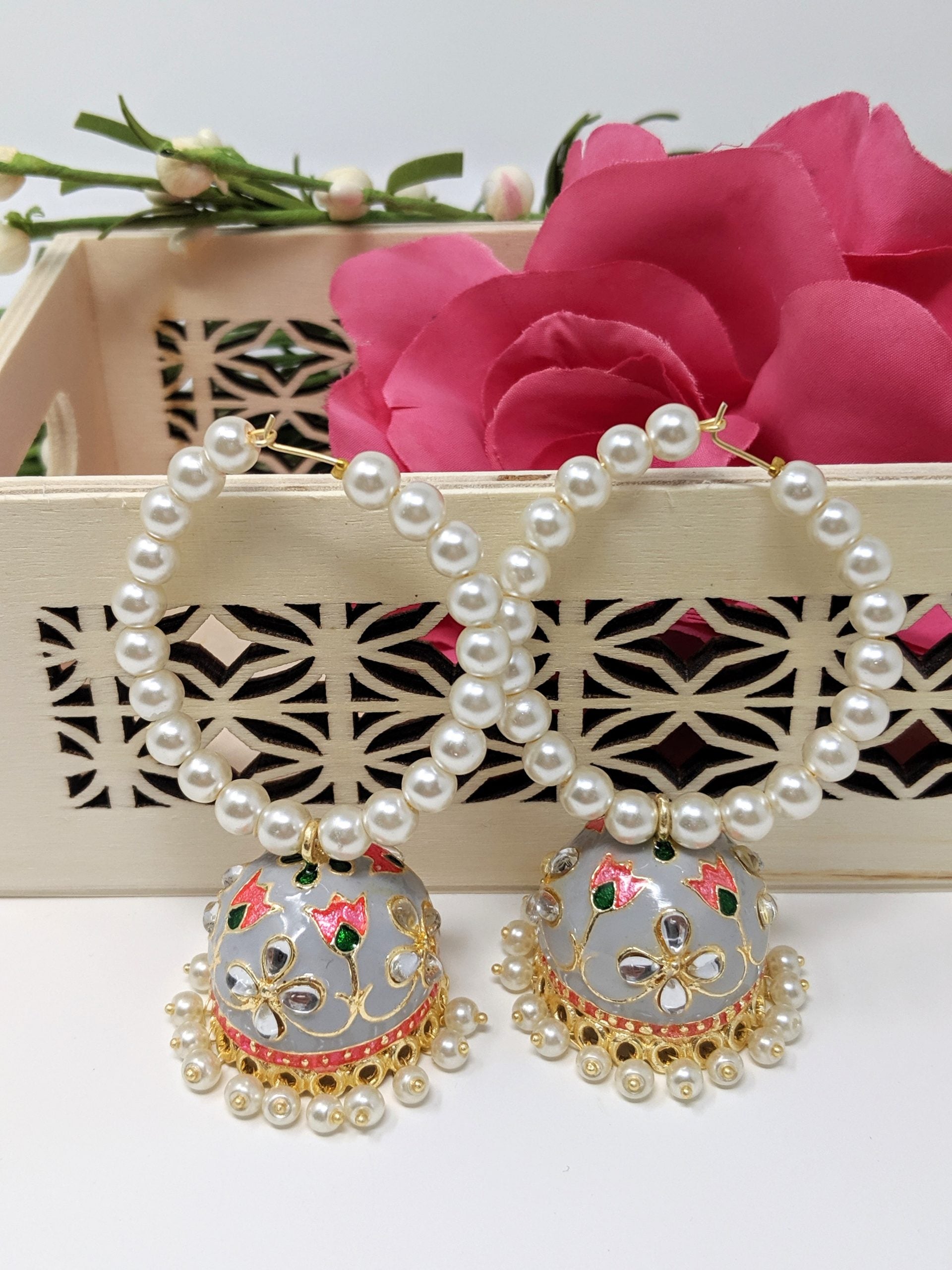 Pearl Hoop with Meenakari Jhumka image